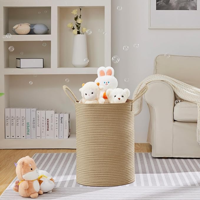 VIPOSCO Large Laundry Hamper, Tall Woven Rope Storage Basket for Blanket, Toys, Dirty Clothes in Living Room, Bathroom, Bedroom - 72L Jute