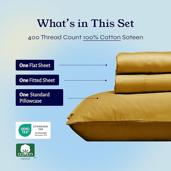 California Design Den Twin XL Sheet Sets - 400 Thread Count Sateen, 100% Cotton Sheets, Deep Pockets, Cooling and Durable Bedding for Dorm Rooms & Adults - Golden Mustard