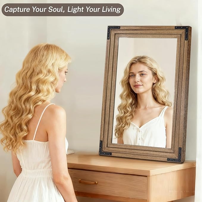 Full Length Mirror 30"x20" Solid Wood Frame Floor Standing Mirror, Hanging or Leaning Wall-Mounted for Living Room, Bedroom, Oak Color