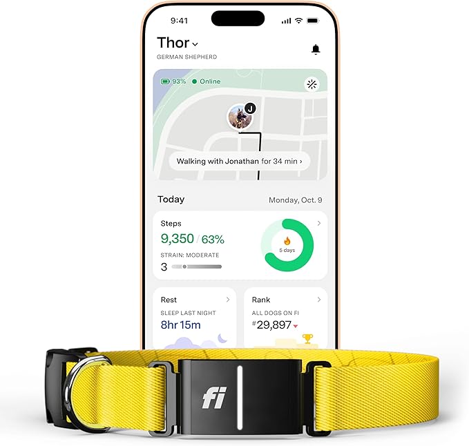 Fi New Series 3+ Smart Dog Tracker Collar [12 Month Membership Included] GPS Tracker for Dogs with Health & Behavior Monitoring, Escape Alerts, Waterproof, LED, Apple Watch Compatible (Yellow, Small)