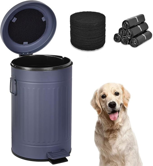 Dog Poop Trash Can with Lid for Outdoors，3.2 Gallon Trash Can with Activated Carbon Filter & Plastic Bags, Pet Waste Container，UP12L-GY-Y+90BK