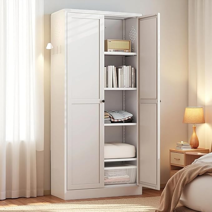 61'' Storage Cabinet, 4 Adjustable Shelves Kitchen Pantry with 2 Doors, Tall White Metal Storage Cabinet with External Hooks, Heavy-Duty Farmhouse Pantry for Kitchen Living Room