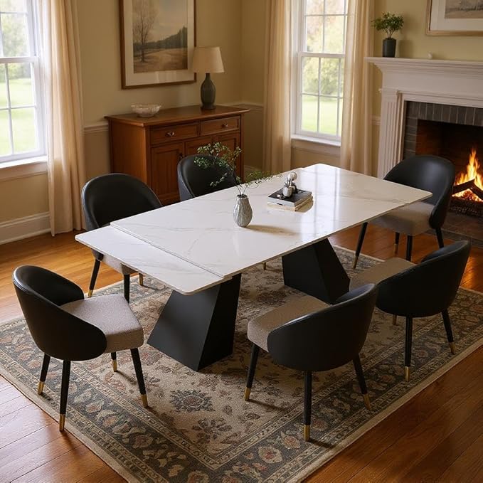 62.9" to 94" Modern Sintered Stone Luxury Rectangular Dining Table for 6-8 People, White Top with Black Base, Contemporary Style for Living Room