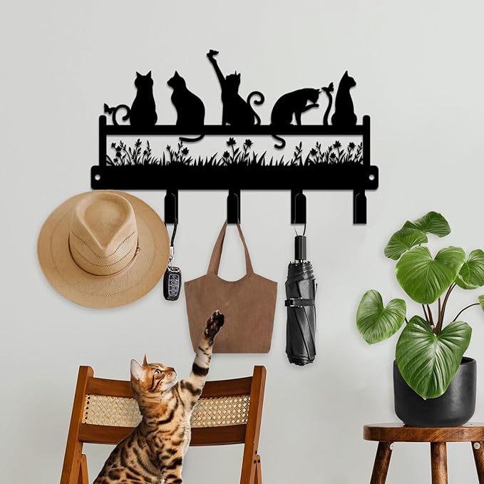 magilab Cat-Themed 10-Inch Iron Key Hooks with 5 Hooks, Black Wall Organizer - Cute Cat Design for Home Decor, No Drill & Screw-in Options (Style I)