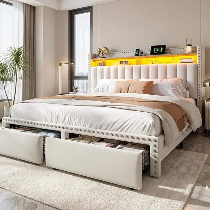 EnHomee Queen Bed Frame with 2 Storage Drawers, Upholstered Platform Bed with LED Lights and Charging Station, Sturdy Wooden Slats Support, No Box Spring Needed, Noise Free, Beige