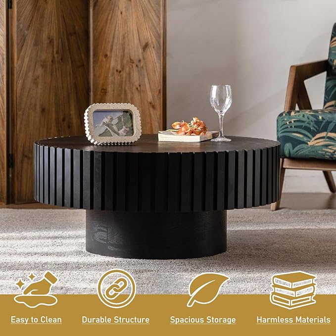 Round Drum Coffee Table 31.5" Wooden Coffee Tables Handcrafted Fluted Drum Coffee Table Modern Luxury Circle Center Table Vintage Farmhouse Center Table for Living Room (Round Black)