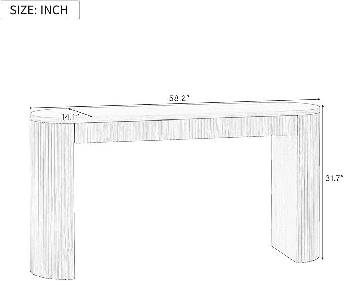 58.2-Inch Console Table with Dual Drawers, Pine Veneer, Natural Wood Grain, Striped Design, Arched Legs, Adjustable Feet for Living Room, Hallway, Foyer