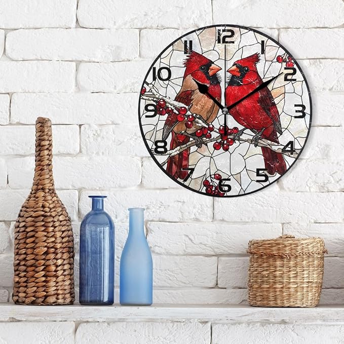 Wall Clocks Decorative Bedroom Silent Living Room Desktop Berry Bird Christmas Tabletop Shelf Clocks Round Battery Operated 10 Inch Non-Ticking