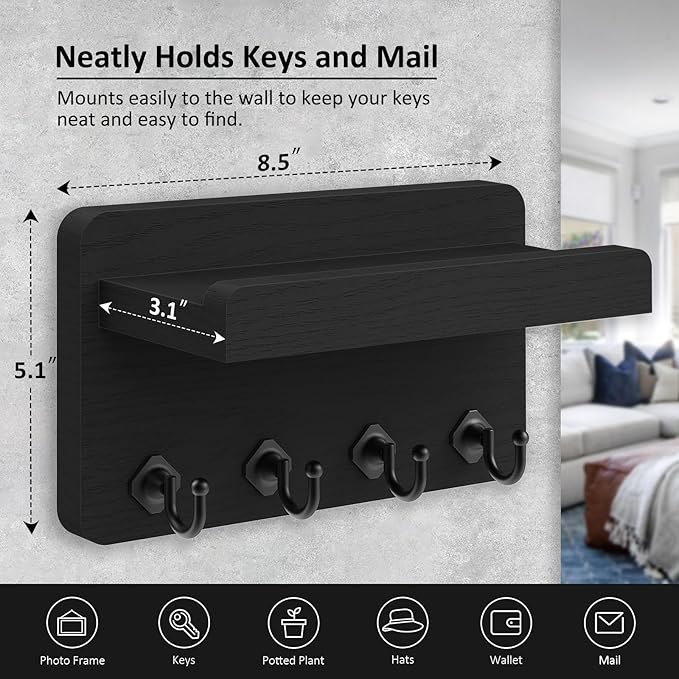 Nekon Key Holder Wall Mount, 8.5 Inch Small Home Decor Wooden Wall Organizer with 4 Hooks and Shelf, Key and Mail Holder for Living Room Entryway Kitchen (Black)