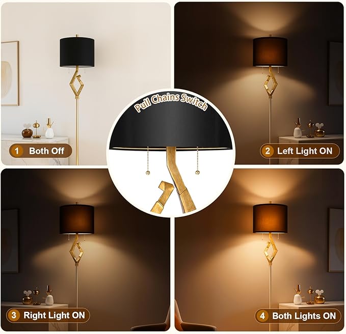 Sculptural Floor Lamp for Living Room Bedroom, 64.5” Pull Chains Standing Lamp, Gold Leaf Finish & Black Faux Silk Lamp Shade, Lighting Brightness Adjustable Lamp with Bulb Prefer for Home Decor
