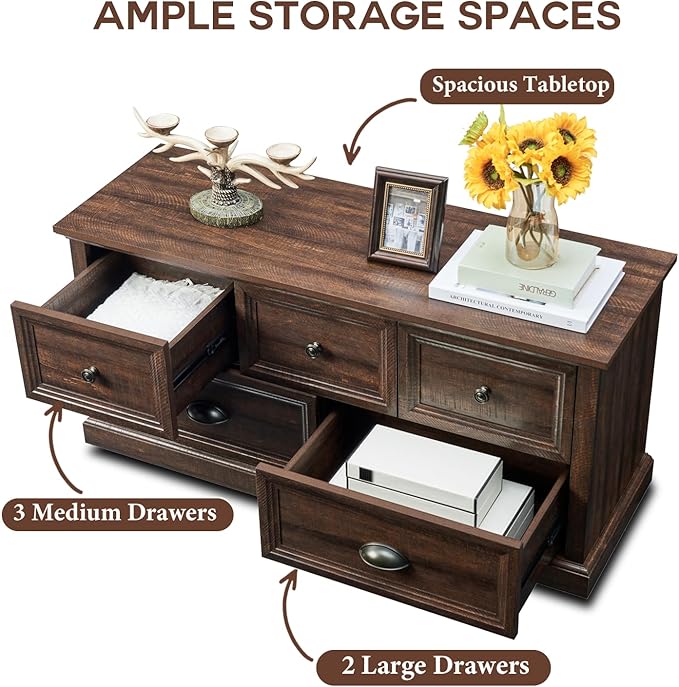 Farmhouse 5 Drawers Dresser for Bedroom, 45" Wide Chest of Drawers, 21" Tall Storage Closet Bench Storage Chest Storage Trunk, Wood Rustic Dresser for Closet, Living Room, Hallway, Brown