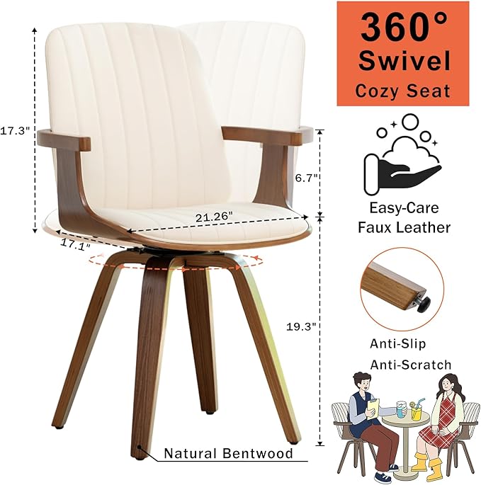 Swivel Dining Chairs Set of 2, Mid Century Modern Dining Chairs with Walnut Craftsmanship, Upholstered Faux Leather , Wooden Arms and Legs, Kitchen Chairs with Arms for Kitchen/Living Room - Beige