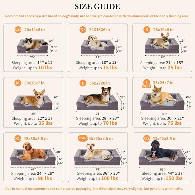 Comfort Expression Large Dog Beds Waterproof Orthopedic Foam Dog Sofa Beds Comfy Pet Bed with Washable Removable Cover & Non-Slip Bottom(Large,Purple)