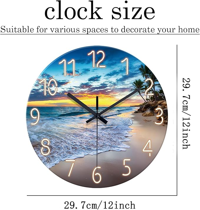 Palm Tree Clocks Battery Operated 12 Inch Glass Blue Wall Clock Non Ticking Beach Wall Clock for Bedroom
