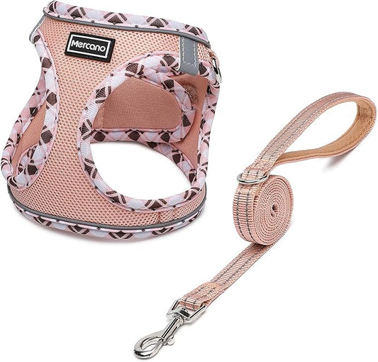 Mercano Soft Mesh Dog Harness and Leash Set, No-Chock Step-in Reflective Breathable Lightweight Easy Walk Vest Harnesses with Safety Buckle for Small Dogs, Cats (Champagne, S)