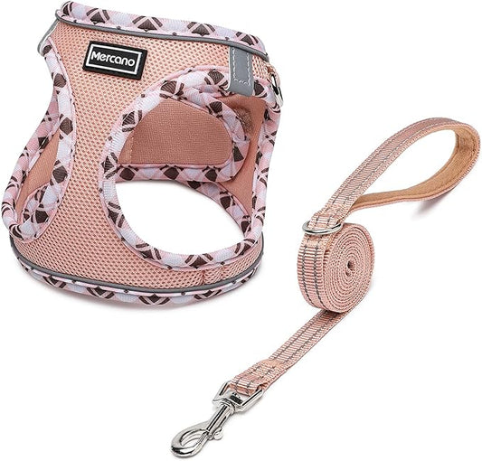 Mercano Soft Mesh Dog Harness and Leash Set, No-Chock Step-in Reflective Breathable Lightweight Easy Walk Vest Harnesses with Safety Buckle for Small Dogs, Cats (Champagne, M)