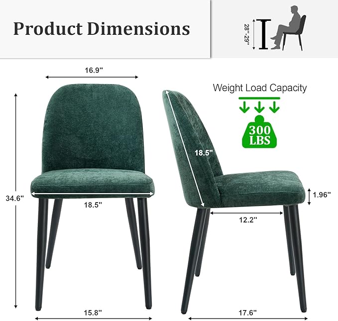 Upholstered Dining Chairs Set of 6, Mid Century Modern Fabric Dining Room Chair High-Back Padded Kitchen Chairs with Padded Seat and Metal Legs for Kitchen Dining Room Restaurant Cafe, Green
