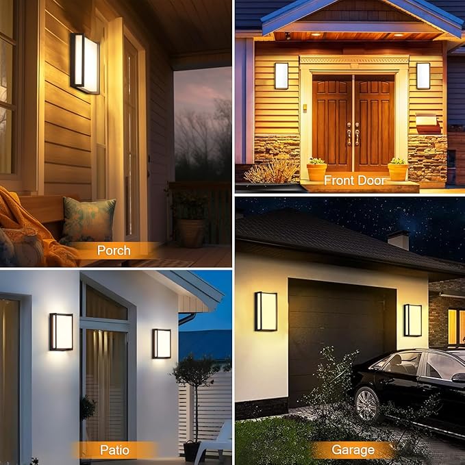 wowlite Modern Outdoor Wall Lights 2 Pack, LED Outdoor Porch Lights 3 Colors Changeable, Matte Black Exterior Light Fixture Wall Mount, IP65 Waterproof Outside Light Fixtures for Porch Front Door