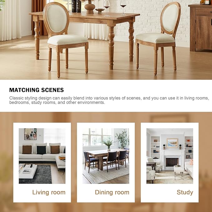 Nrizc French Dining Chairs Set of 6, French Country Dining Chair, Vintage Farmhouse Dining Chairs with Round Back, Solid Wood Beige Fabric Dining Room Chairs, for Kitchen, Bedroom, Dining Room
