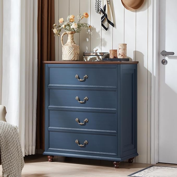 24" Wide Farmhouse Nightstand with Charging Station Set of 2,54" 7 Drawers Dresser, 37" Tall Rustic Chests of Drawers, Farmhouse Furniture Series for Bedroom,DarkBlue