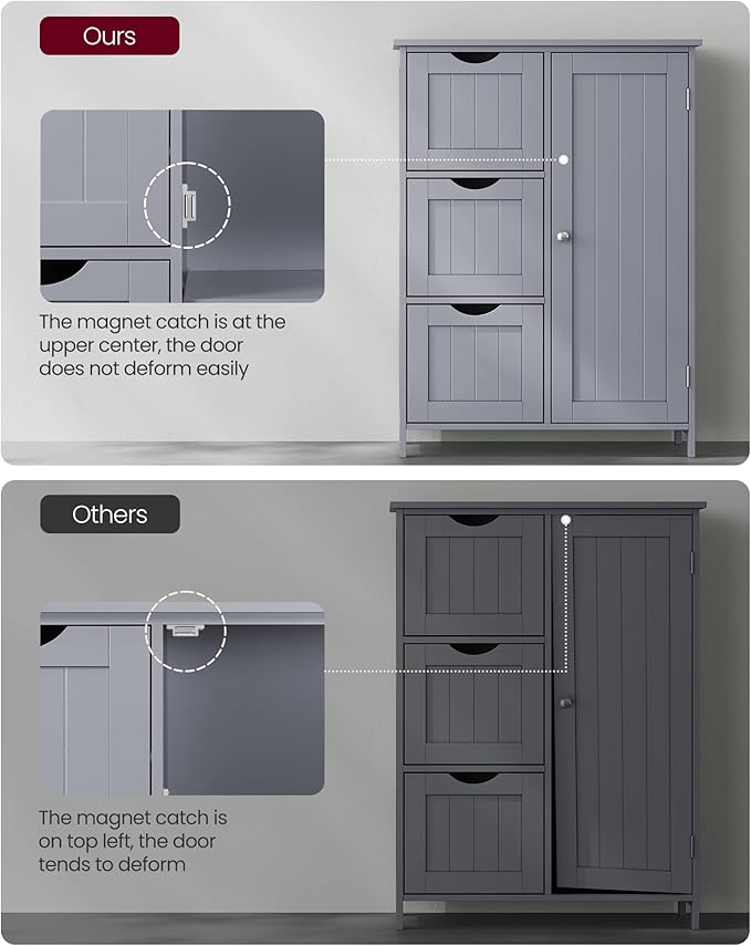 VASAGLE Floor Storage Cabinet, Freestanding Storage Unit with 3 Drawers, 1 Adjustable Shelf, for Bathroom Living Room Dining Kitchen, 11.8 x 23.6 x 31.5 Inches, Dove Gray UBBC049G02
