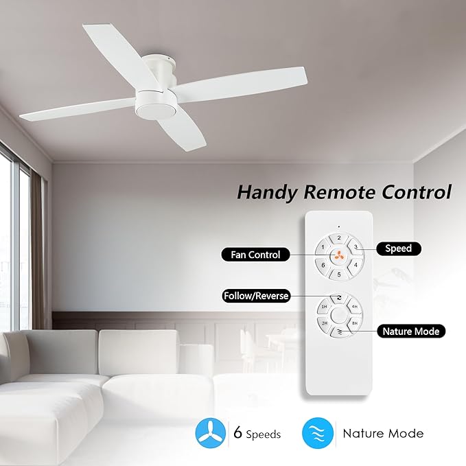 WINGBO 44" Flush Mount DC Ceiling Fan without Lights, 4 Reversible Blades in White/Oak Finish, Ultra Quiet 6-Speed DC Motor, Hugger Low Profile Ceiling Fan No Lights for Bedroom, Indoor/Outdoor Use