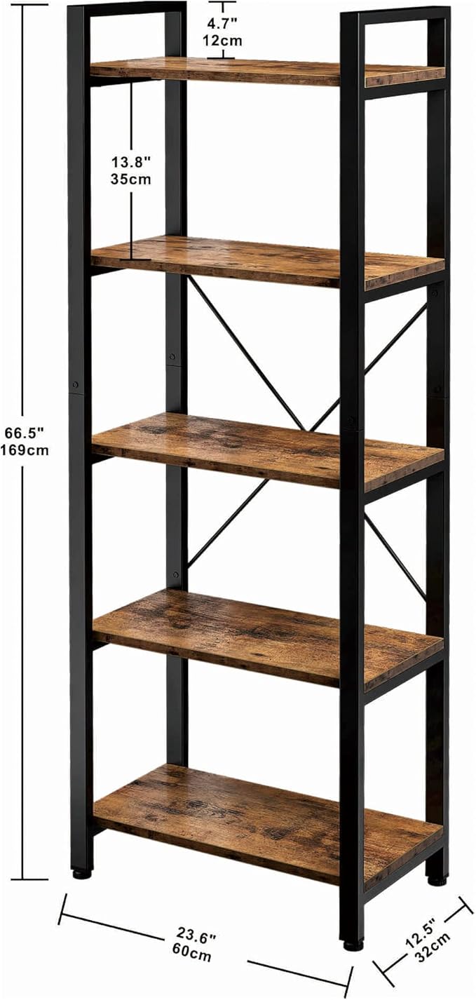 IRONCK Bookshelf 5-Tier Ladder Shelf 110 lbs or Shelf Vintage Industrial Style Bookcase for Home Decor, Office Decor