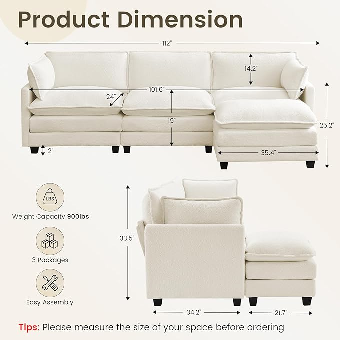 ROWHY Oversized Modular Sectional Couch with Movable Ottoman, 112" Modern Convertible L Shaped Sofa Set, 4 Seat Comfy Cloud Couch with 2 Throw Pillows, for Living Room and Office, Chenille, Beige