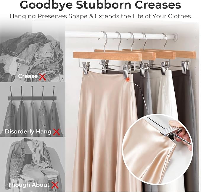 HOUSE DAY Premium Wooden Pants Hangers 25 Pack, Solid Lotus Wood Skirt Hangers with 2-Adjustable Clips, Heavy Duty & Anti Slip Wood Bottom Hanger for Slacks, Jeans, Trousers, Shorts (Natural)