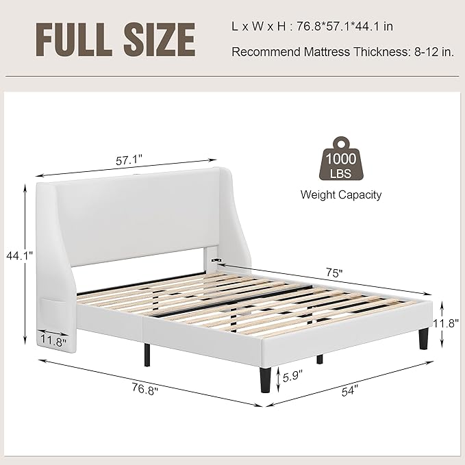 VECELO Full Bed Frame with Upholstered Wingback Headboard, Heavy-Duty Platform Bedframe with Charging Station, Wooden Slats, No Box Spring Needed, White