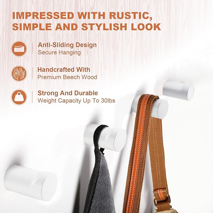 Wood Wall Hooks, 4 Pack White Decorative Coat Hooks Wall Mounted, Modern Hat Hooks Heavy Duty Entryway Wall Hangers for Hanging Purse, Towels, Clothes, Backpack