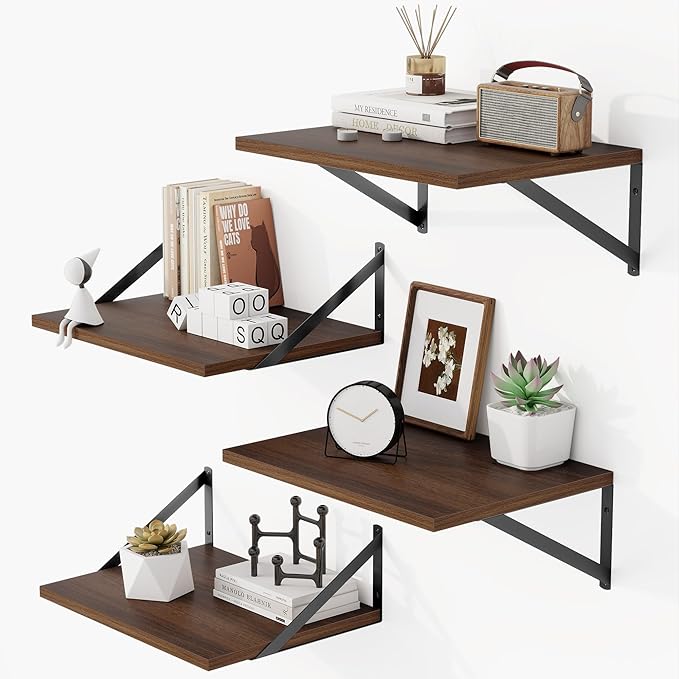 Heimlove 12 Inch Deep Floating Shelves for Wall, 16W x 12D Wide Floating Shelves Heavy Duty Wall Mounted Shelves, Wood Shelves for Living Room Bedroom Bathroom Kitchen- Set of 4