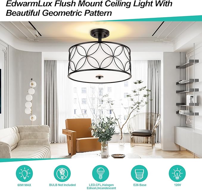 3-Light Semi Flush Mount Ceiling Light, 16" Drum Light with Fabric Shade, Modern Close to Ceiling Lamp for Living Room Bedroom Dining Room Kitchen Hallway Entry Foyer (Black)