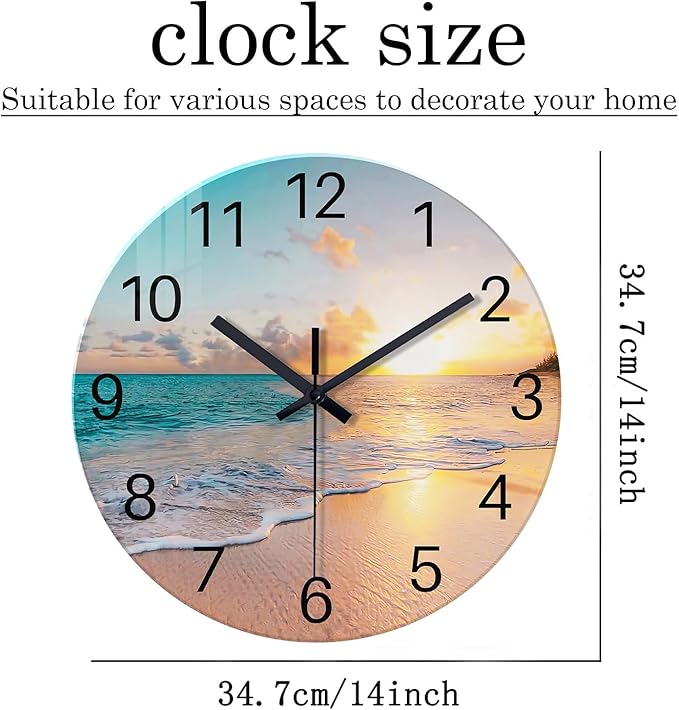 Beach Coastal Wall Clocks Battery Operated Analog Round Wall Clock for Living Room Decor 14 Inch Blue Glass Silent Wall Clock