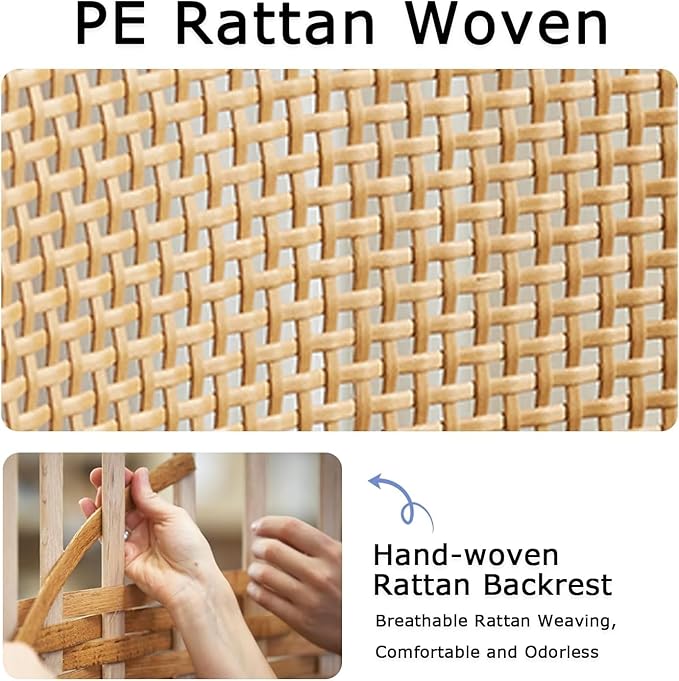 Rattan Dining Chairs Set of 4, Mid Century Modern Dining Chairs with Cane Back and Boucle Upholstered Seat, Farmhouse Kitchen Chairs for Dining Room and Living Room, Brown