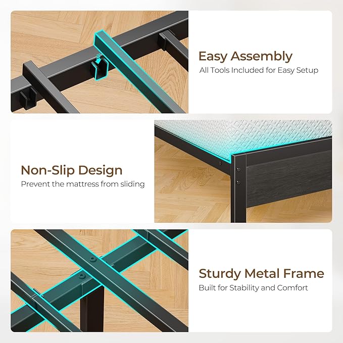 Seventable Full Size Bed Frame with 4 Storage Drawers, Charging Station & LED Lights, Upholstered Headboard with 2-Tier Shelves, Metal Platform Bed, No Box Spring Needed, Noise-Free, Grey