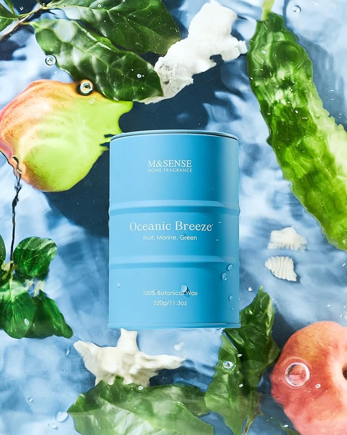 M&SENSE Oceanic Breeze Scented Candles Summer Soy Candle, Beach Candles Scented for Stress Relief Meditation Relaxing, Housewarming Gifts for Women Men, 11.3oz 70 Hour Long Burning