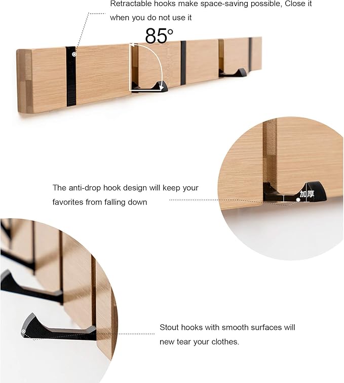 Wall Mounted Coat Rack with Foldable Hooks - Modern Space-Saving Wooden Entryway Organizer for Coats, Bags, Hats, Keys (4 Hooks, White)