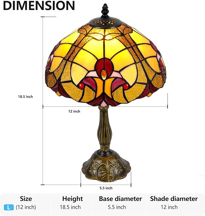 Luxury 12" Tiffany Style Table Lamp with Stained Glass & Baroque Design – Elegant Tiffany Lamp for Living Room, Bedroom, Office Decor | Includes LED Bulb, UL-Certified, Premium Resin Base