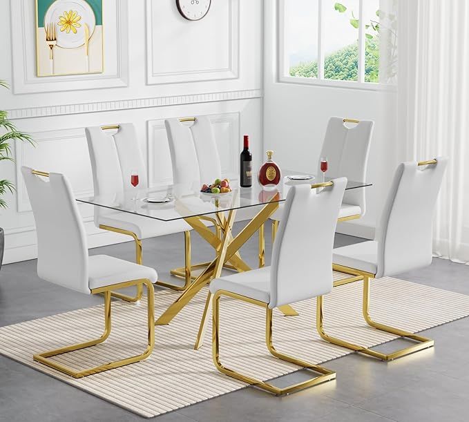 Goujxcy Gold Dining Table Set for 6, Glass Kitchen Table with Chair Set, Modern 51" Rectangle Glass Dining Table and 6 White PU Leather Chairs with Metal Frame for Kitchen Dining Room
