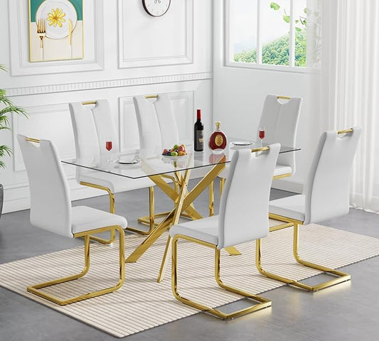 Goujxcy Gold Dining Table Set for 6, Glass Kitchen Table with Chair Set, Modern 51" Rectangle Glass Dining Table and 6 White PU Leather Chairs with Metal Frame for Kitchen Dining Room