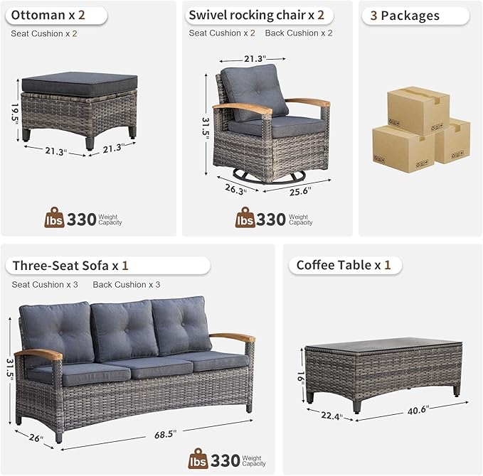 MEISSALIVVE Patio Furniture Sets, 6 Pieces Outdoor Rattan Furniture Conversation Sets with 2 Wood Armrests Swivel Rocker Chairs, 2 Ottoman, 3-Seat Sofa and Coffee Table(Grey)