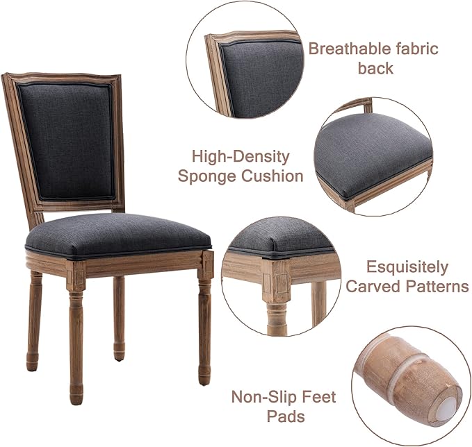 Nrizc Farmhouse Dining Chairs Set of 4, French Dining Chairs with Square Back, Brown Wood Legs, French Bistro Chairs for Dining Room/Living Room/Kitchen/Restaurant, Dark Grey