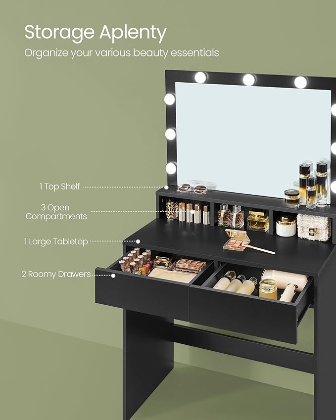 VASAGLE Vanity Desk with Mirror and Lights, Makeup Vanity with Upholstered Vanity Stool, 9 Dimmable LED Lights, 3 Compartments, 2 Drawers, for Bedroom, Ink Black URDT129B01