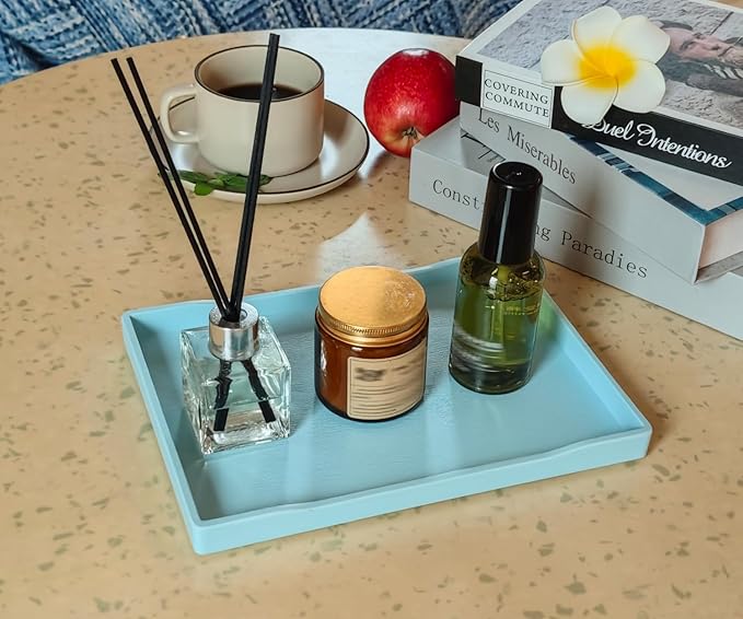 Blue Small Serving Tray (9.5 x 7 inch), Countertop Organizer for Bathtub Bathroom Vanity Items, Serving Accessory, Coffee, Drinks, Tea, Party, Spa, Perfume and Display Use.