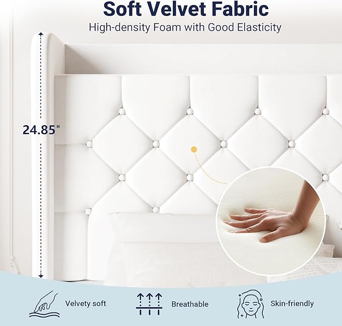 Allewie Queen Size Bed Frame, Storage Headboard with Charging Station, Wingback Velvet Upholstered, Diamond Stitched Button Tufted, Sturdy Wooden Slats, No Box Spring Needed, Easy Assembly, White