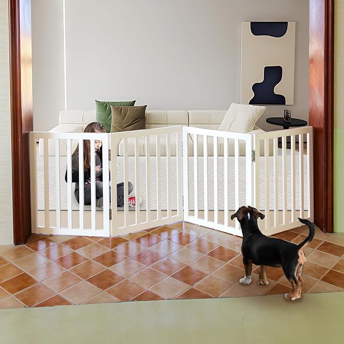 ZJSF Freestanding Indoor Dog Gate for House Foldable Wood White Puppy Gate for Doorways Pet Gate for Stairs Extra Wide Pet Fence 24" Height 4 Panels