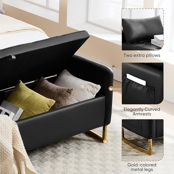 65" Leather Storage Bench, End of Bed Storage Bench King Size for Foot of Bed with Tufted Button and Gold Legs, Upholstered Faux Window Ottoman Benches with Armrests for Living Room, Black