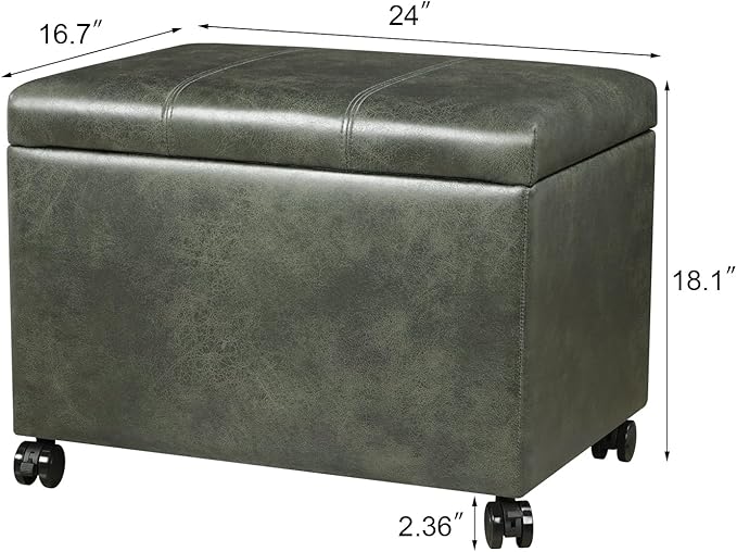 Joveco 24" Faux Suede Storage Ottoman Bench with Wheels, Rectangle Foot Rest Stool for Living Room, Bedroom, Entryway, Moss Green