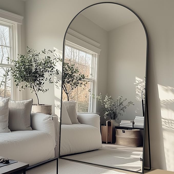 Full Length Mirror, 83"x44" Floor Mirror Freestanding, Oversized Floor Standing Full Body Mirror with Stand for Bedroom, Hanging Mounted for Living Room Cloakroom, Black, Arched